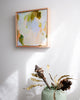 Earthy pastel mini abstract artwork with loose, organic brushstrokes, styled with vase and native banksia stems | modern bedroom art by Australian Artist Kellie Leader for The Confetti Collective Studio