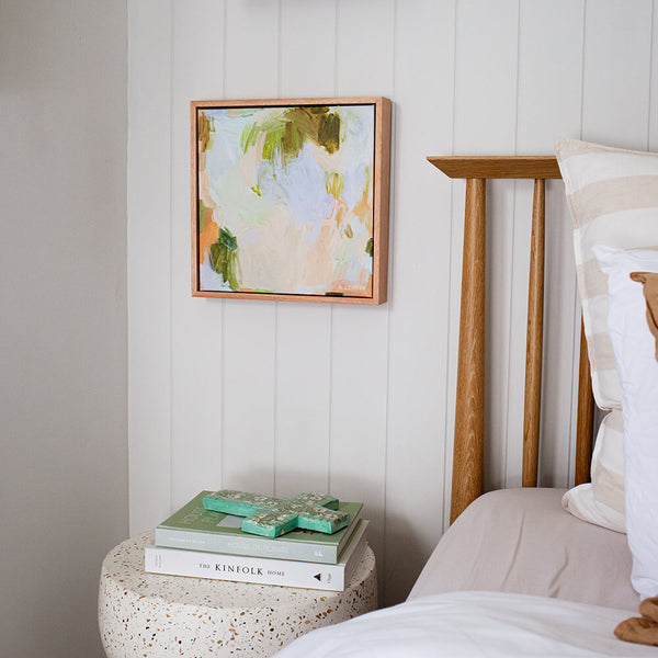Contemporary mini abstract artwork with loose, organic brushstrokes and earthy pastel colour palette hangs in modern bedroom, by Brisbane Artist Kellie Leader for The Confetti Collective Studio