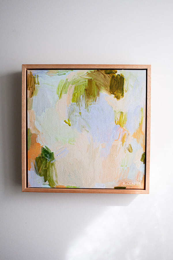Contemporary original abstract artwork with pastel colours and loose, organic brushstrokes, mini bedroom art by Australian Artist Kellie Leader for The Confetti Collective Studio